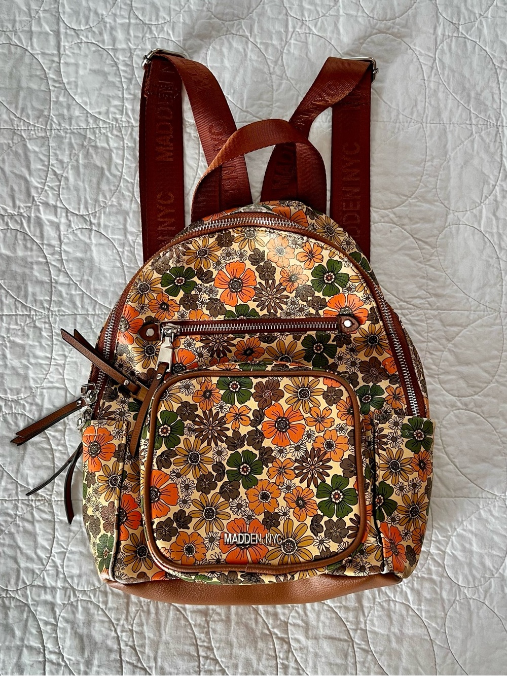 Madden NYC Mini Backpack in Orange/Green/Brown Retro Flower Power 70s Style